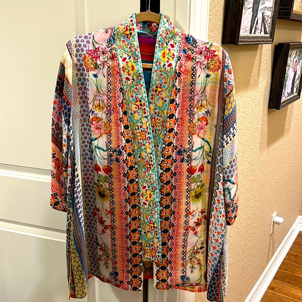 JOHNNY WAS SILK JACKET REVERSIBLE-like new, multi colors